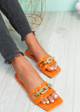 Loxy Orange Croc Pattern Flat Sandals