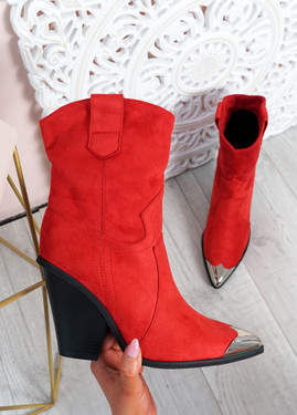 Brenna Red Block Heel Mid Calf Boots