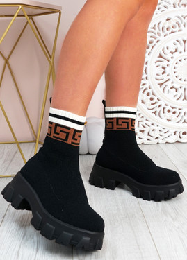 Erin Black Flower Knit Sock Ankle Boots