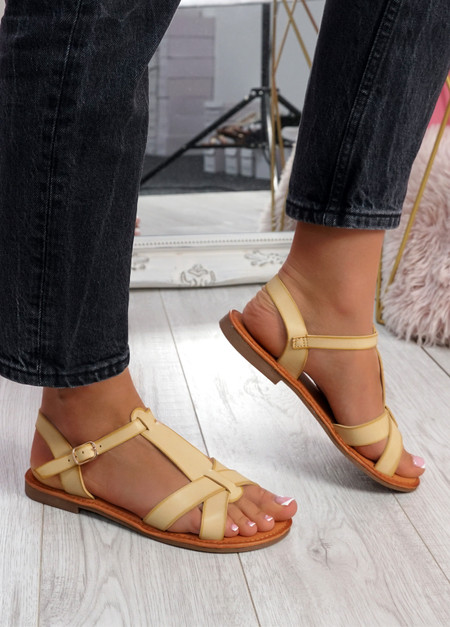 Allya Beige T Strap Flat Sandals