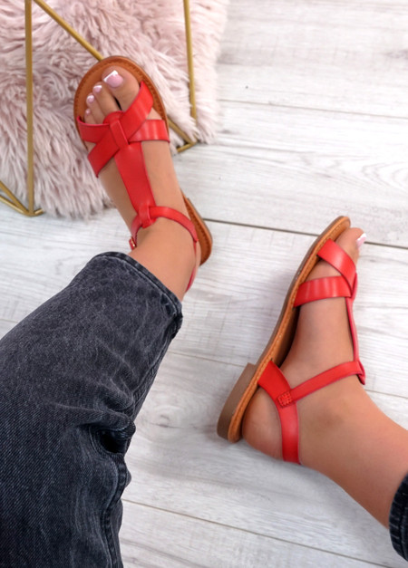 Allya Red T Strap Flat Sandals