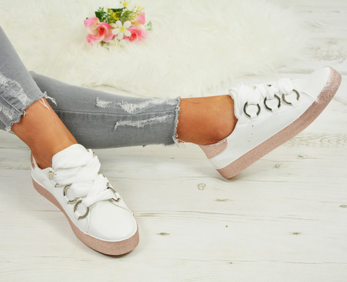 ladies white and rose gold trainers