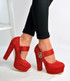 Red Ankle Strap High Block Heels Court Pumps