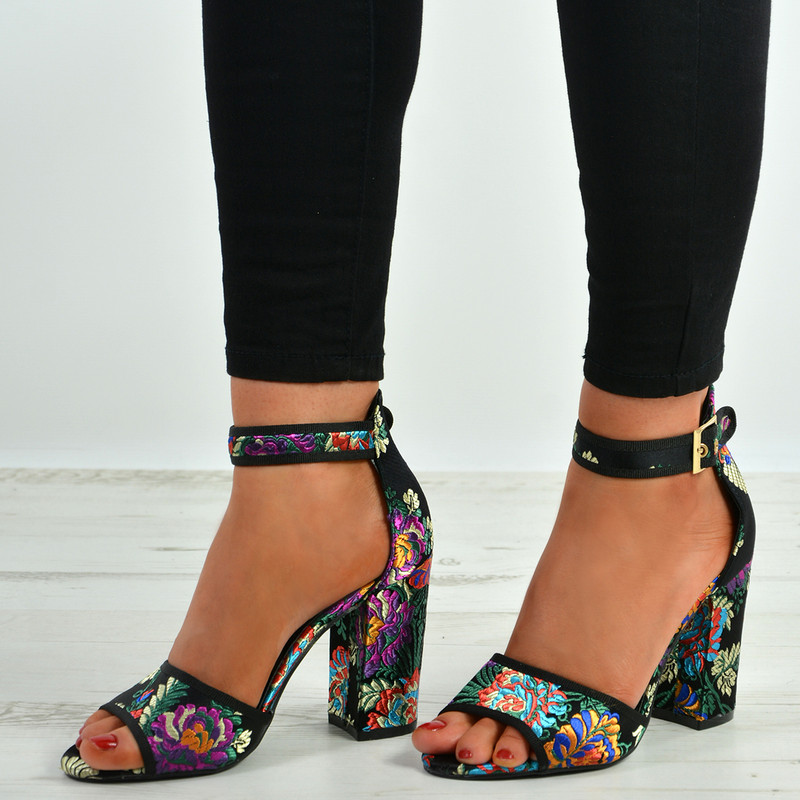 Alyssa Floral Black Block Heel Sandals