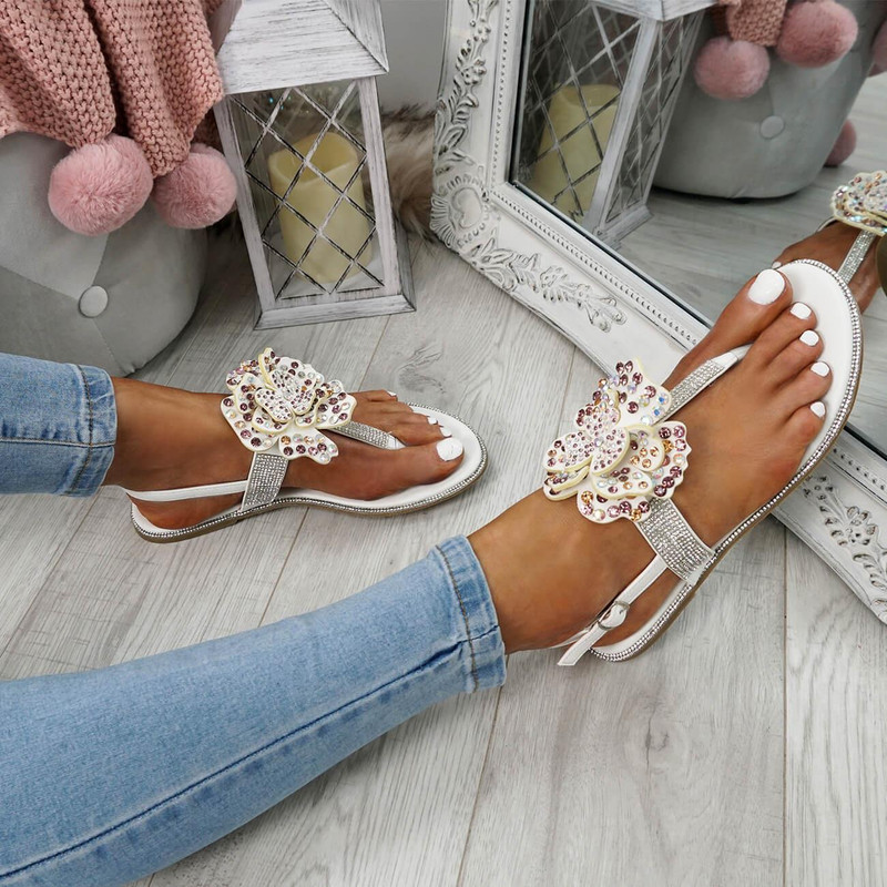 Womens Ladies Sling Back Flower Studded Flat Sandals Summer Party Shoes ...