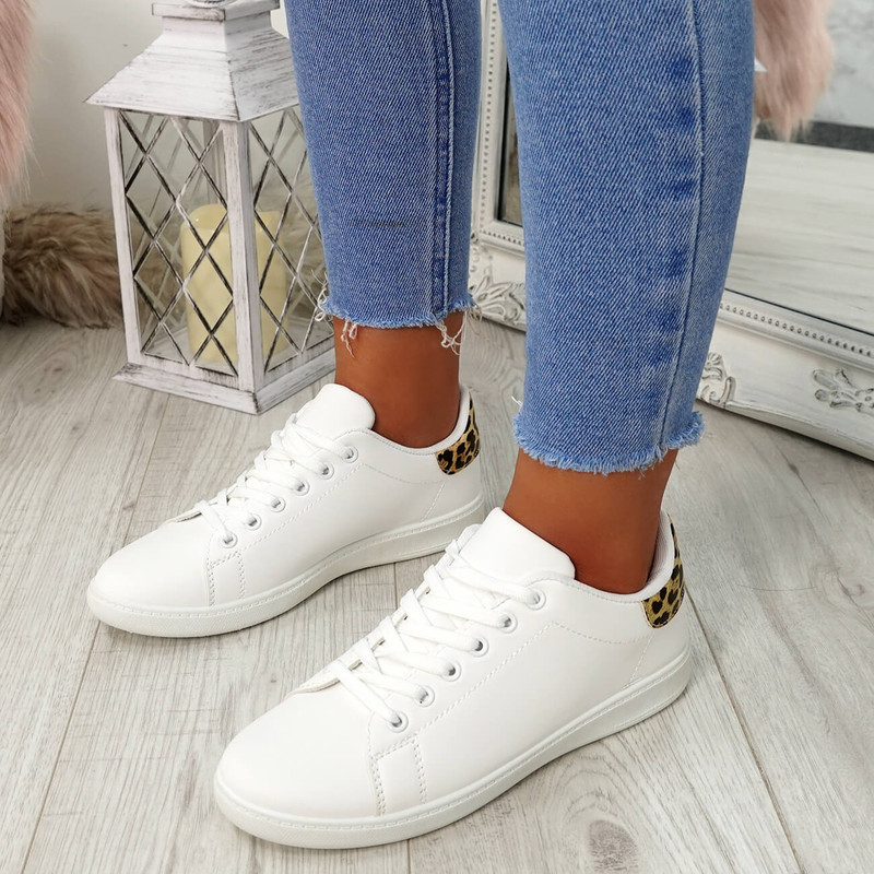 Ansy White Leopard Lace Up Trainers