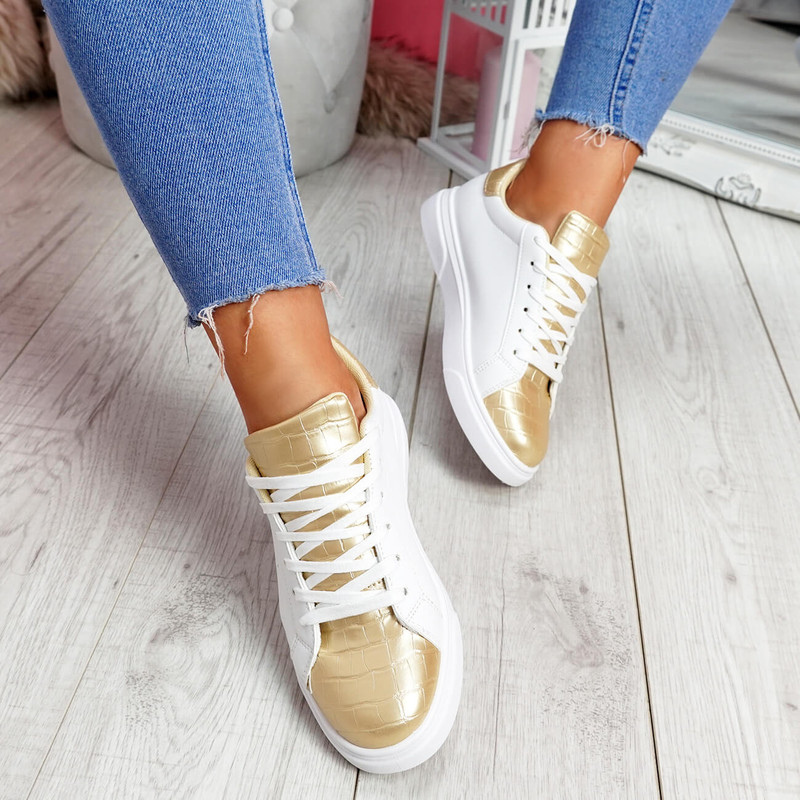 Minna White Gold Croc Lace Up Trainers