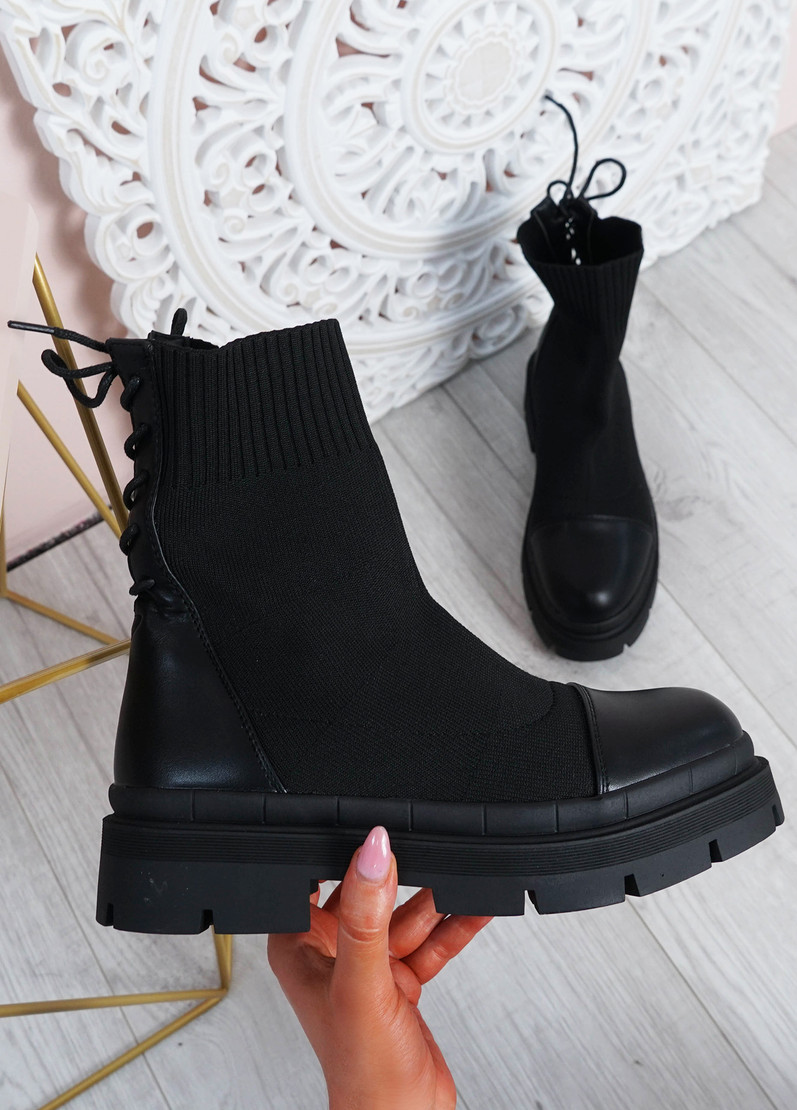 Brianna Black Knit Platform Sock Ankle Boots