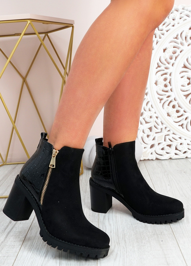 Makaila Black Suede Block Heel Ankle Boots