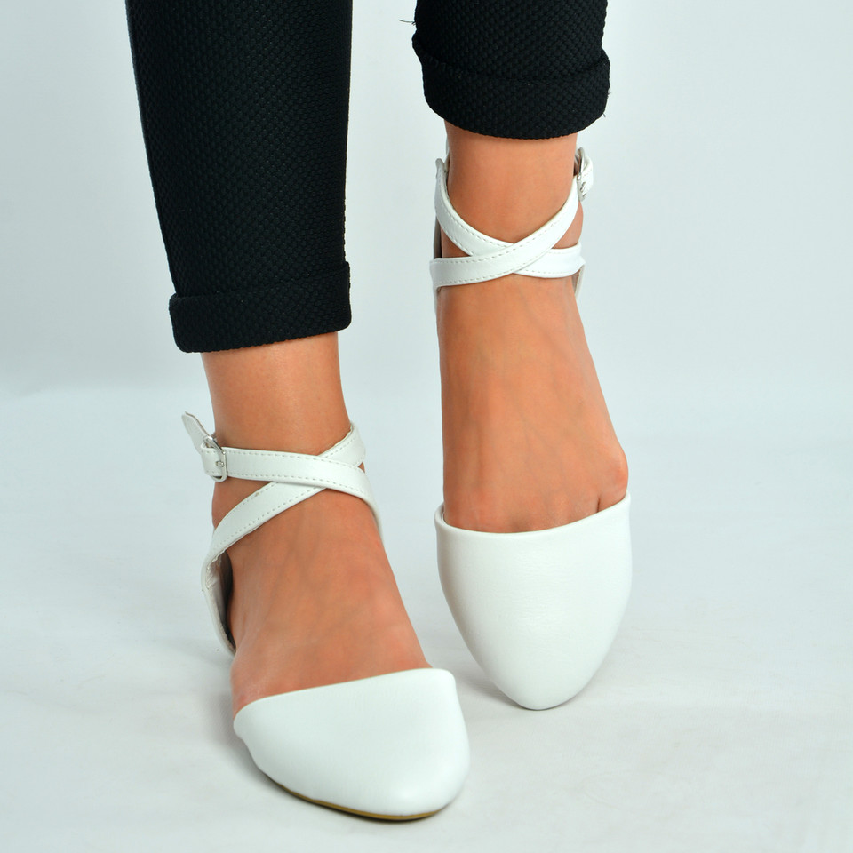 Womens Ladies White Pu Ankle Strap Ballerina Flats Shoes SIze Uk 3-8