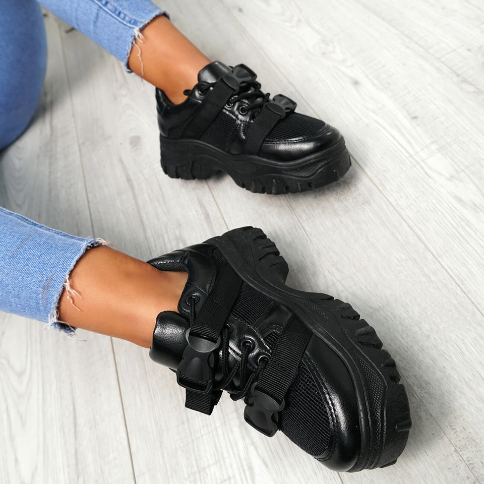 Aliya Black Chunky Buckle Trainers - Tracked Delivery
