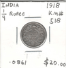 India: 1918 1/4 Rupee