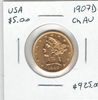 United States: 1907D $5.00 Gold Choice AU