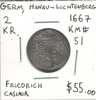 Germany, Hanau-Lichtenberg: 1667 2 Kreuzer, Friedrich Casimir