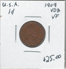 United States: 1909 VDB 1 Cent  VF