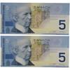 Canada: 2002 $5 Bank Of Canada Banknote BC-62a UNC 2 In Sequence