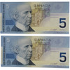 Canada: 2002 $5 Bank Of Canada Banknote BC-62a UNC 2 In Sequence