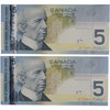 Canada: 2010 $5 Bank Of Canada Banknote BC-62b-i UNC 2 In Sequence
