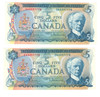 Canada: 1972 $5 Bank Of Canada Banknote Bouey-Rasminsky BC-48a 2x in sequence