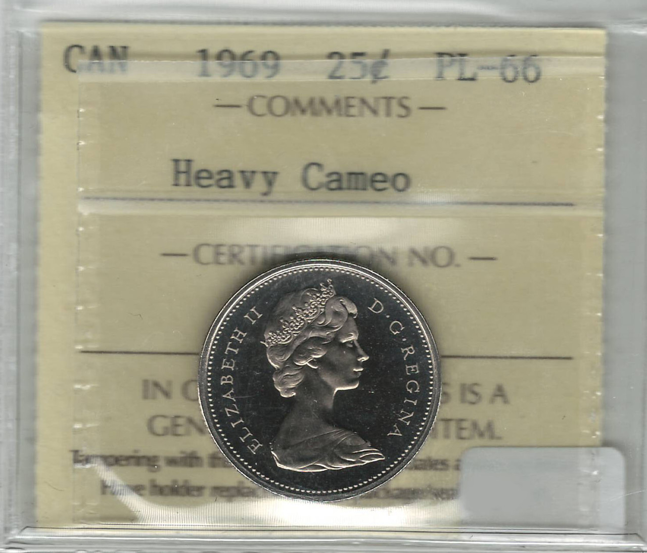 Canada: 1969 25 Cent Heavy Cameo ICCS PL66 - London Coin Centre Inc.