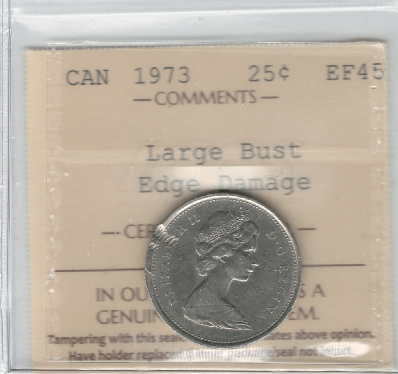 ［入手困難］ PLACENTA／CONDEMNED Canada: 1973 25 Cent Large Bust ICCS EF45 Damaged - London Coin