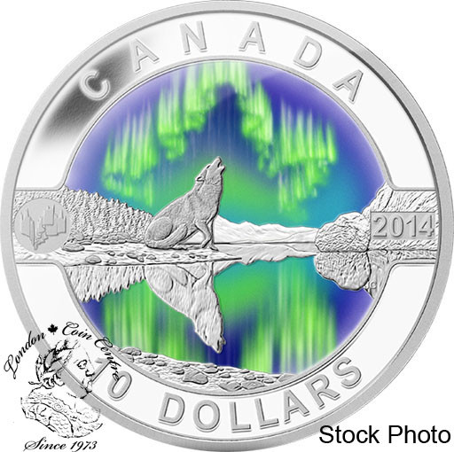 Canada 2014 10 O Canada Northern Lights Howling Wolf Coloured Silver Coin London Coin Centre