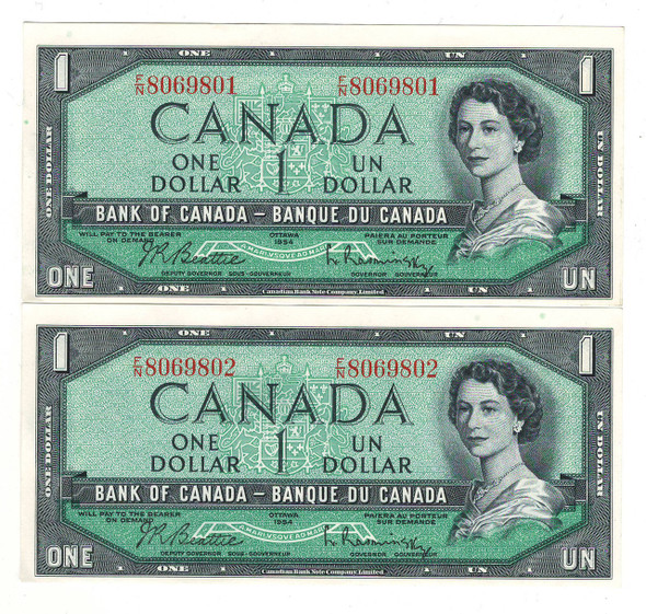 Canada: 1954 $1 F/N (2 Notes in Sequence)