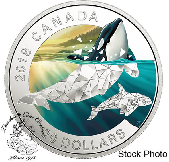 Canada: 2018 $20 Geometric Fauna: Orcas - 1 oz. Pure Silver Coloured Coin Canada: 2018 $20 Geometric Fauna: Orcas - 1 oz. Pure Silver Coloured Coin