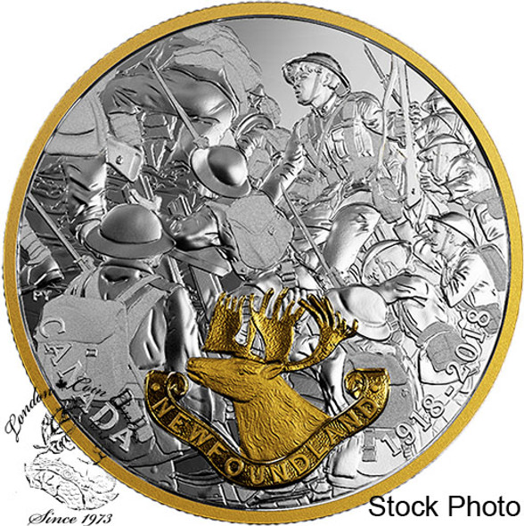 Canada: 2018 $20 First World War Allies: Newfoundland 1 oz. Pure Silver Gold-Plated Coin