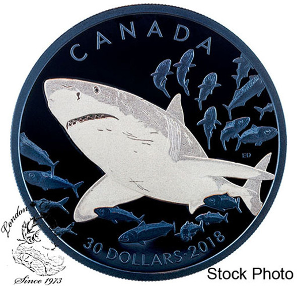 Canada: 2018 $30 Great White Shark 2 oz. Pure Silver Coin with Selective Blue Rhodium Plating