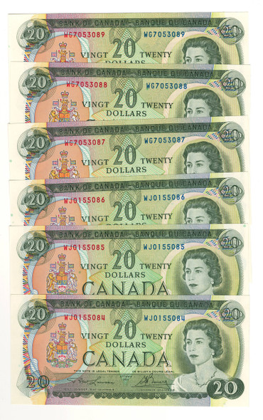 Canada: 1969 $20 Banknotes Bank of Canada - 6 Notes in Sequence Canada: 1969 $20 Banknotes Bank of Canada - 6 Notes in Sequence