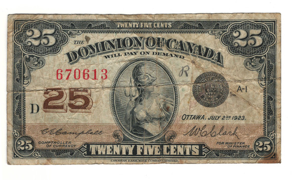 Canada: 1923 25 Cent Banknote Dominion of Canada DC-24d Lot#65 Canada: 1923 25 Cent Banknote Dominion of Canada DC-24d Lot#65