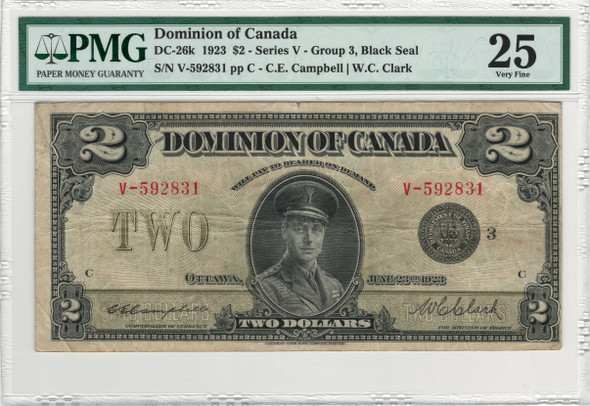 Canada: 1923 $2 Banknote - Dominion of Canada Black Seal PMG VF25