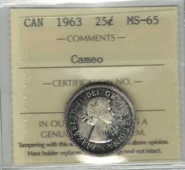 Canada: 1963 25 Cent ICCS MS65 Cameo