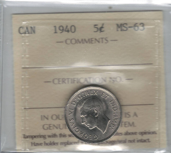 Canada: 1940 5 Cents ICCS MS63 Lot#2