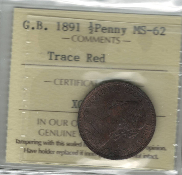 Great Britain: 1891 1/2 Penny ICCS MS62 Trace Red