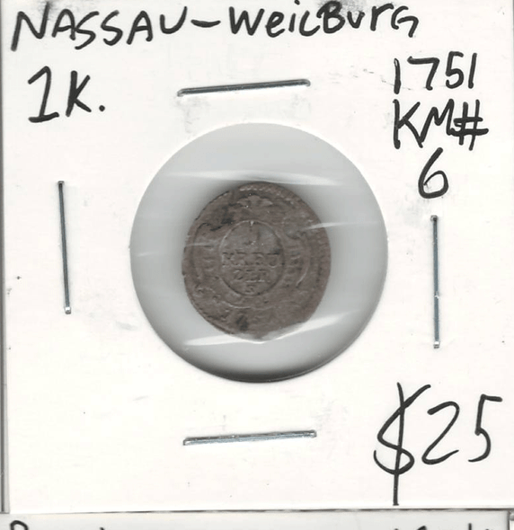 German States: Nassau-Weilburg: 1751 1K.