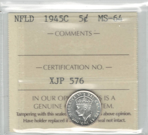 Canada: Newfoundland: 1945C 5 Cent ICCS MS64 Canada: Newfoundland: 1945C 5 Cent ICCS MS64