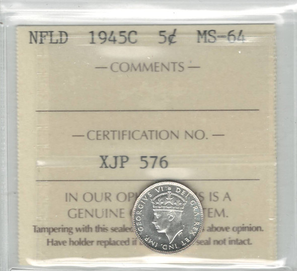 Canada: Newfoundland: 1945C 5 Cent ICCS MS64