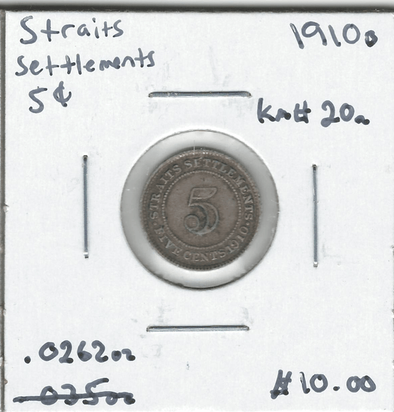 Straits Settlements: 1910B 5 Cent Straits Settlements: 1910B 5 Cent