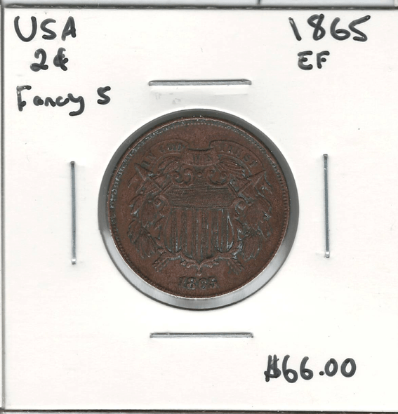 United States: 1865 2 Cent Fancy 5 EF