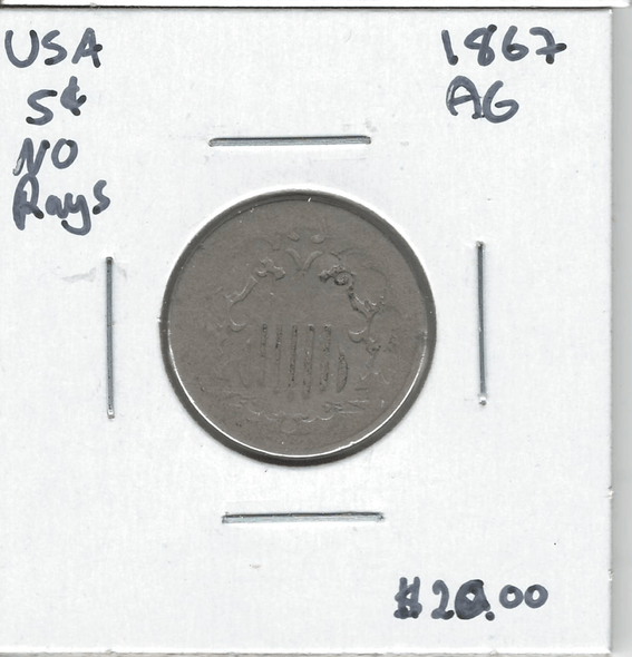 United States: 1867 5 Cent No Rays AG