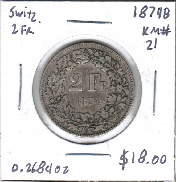 Switzerland: 1874 B Silver 2 Francs