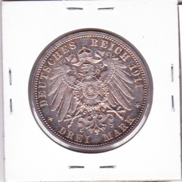 Germany: Wurttemberg: 1911 F Silver 3 Marks