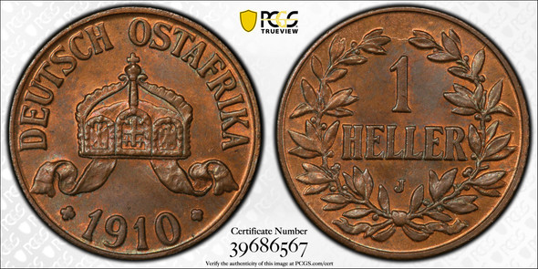 German East Africa: 1910-J Heller PCGS MS64 RB