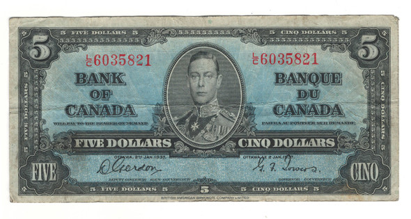 Canada: 1937 $5 Bank Of Canada Banknote BC-23b Lot#31