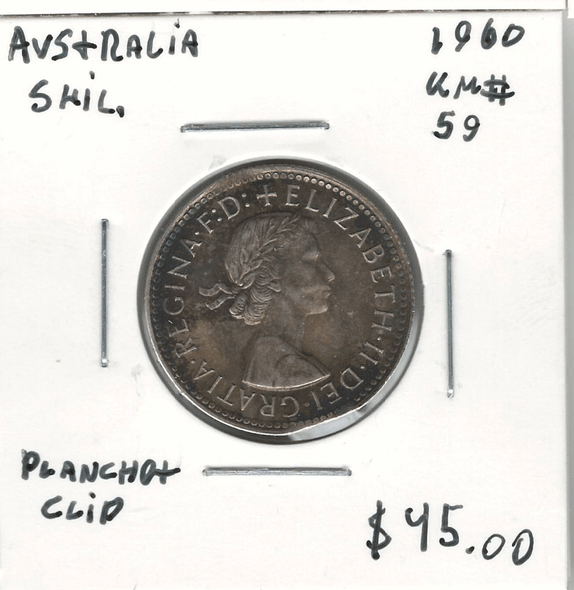 Australia: 1960 Silver Shilling Planchet Clip Error Australia: 1960 Silver Shilling Planchet Clip Error