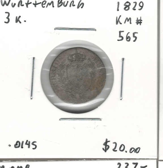 German States: Wurttemburg: 1829 3 Kreuzer