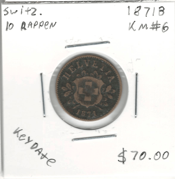 Switzerland: 1871B 10 Rappen Key Date Switzerland: 1871B 10 Rappen Key Date