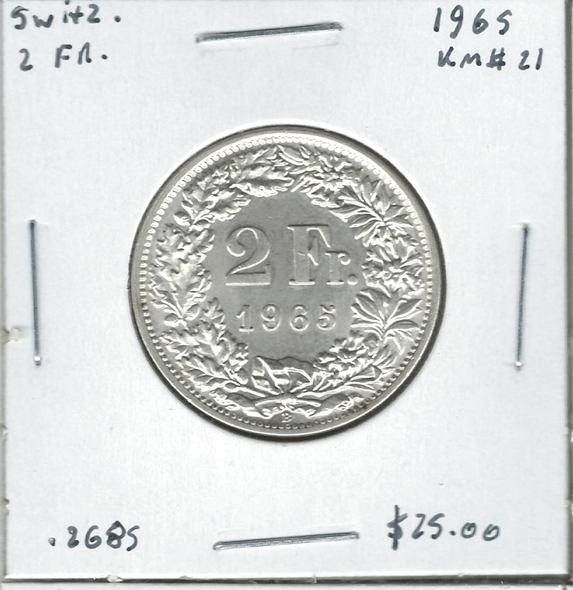 Switzerland: 1965 2 Francs Lot#2 Switzerland: 1965 2 Francs Lot#2